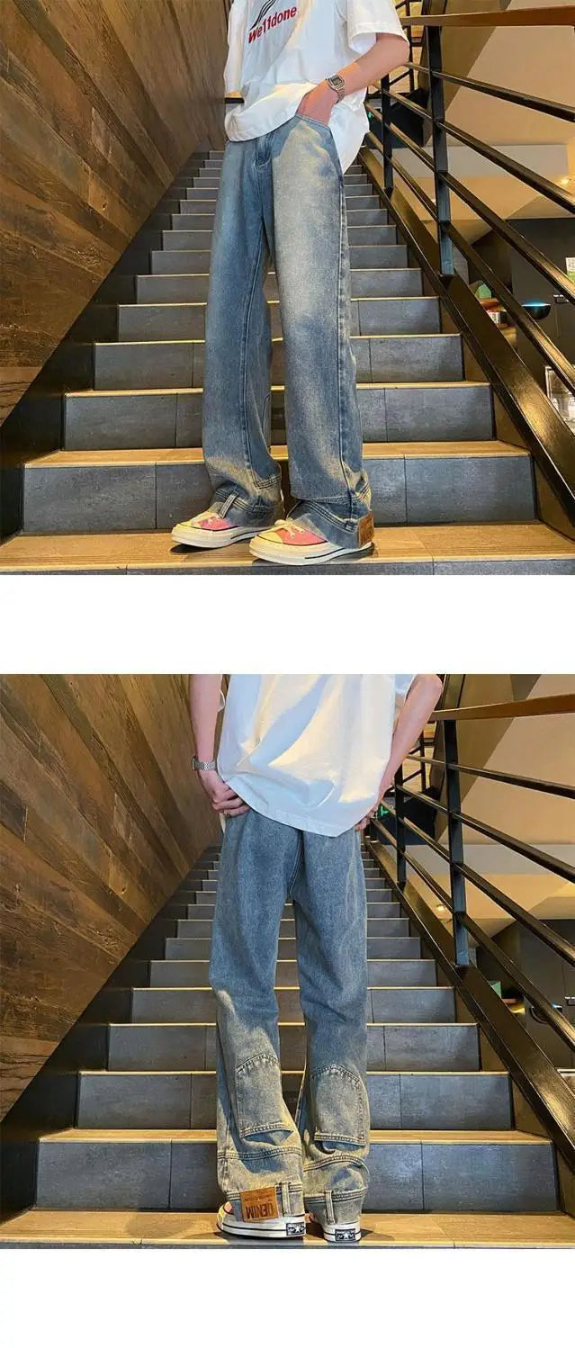 autumn vintage high street straight washed denim jeans for men and women trendy hip hop personality inverted loose casual pants unique jeans style 630