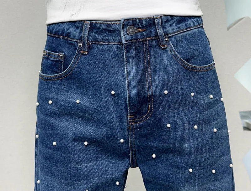 men bead streetwear fashion hip hop vibe loose casual wide leg straight denim jeans baggy pant man boyfriend jeans trousers unique jeans style 2871