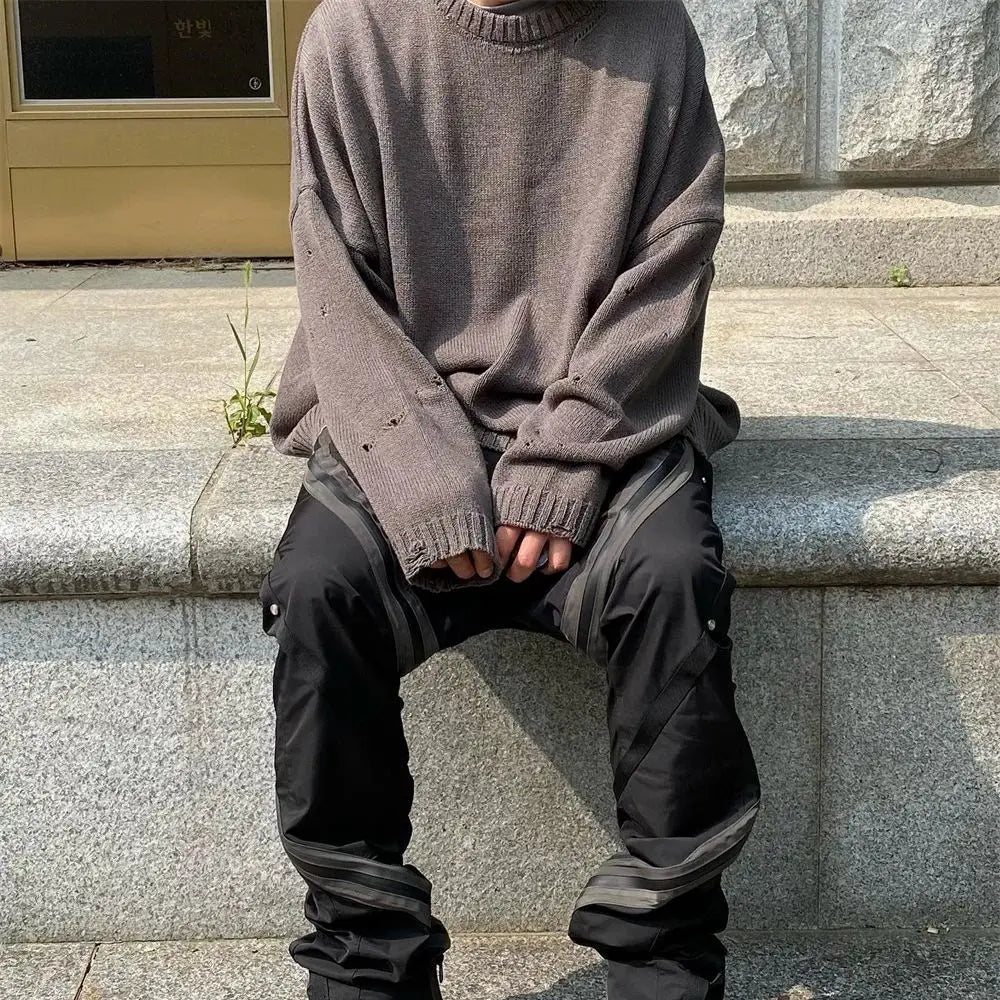 Undermycar 2023 New High Street Fashion Brand Worn Out Hole Large Loose Round Neck Sweater Brown Street King Limited