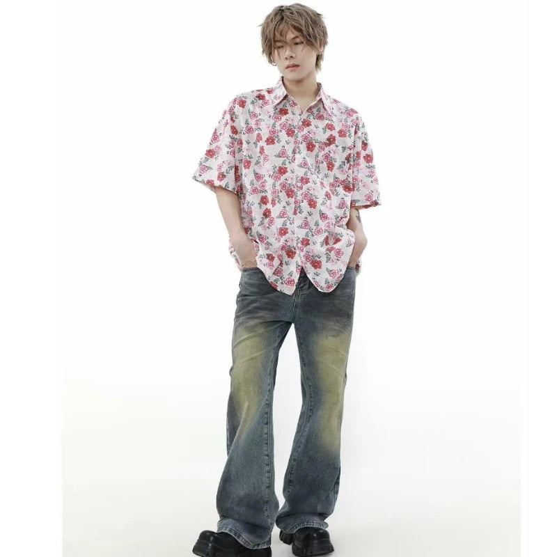 summer harajuku set mens flower print casual short sleeved top gradient straight leg jeans 2 pcs set high street trendy suit unique jeans style 4227