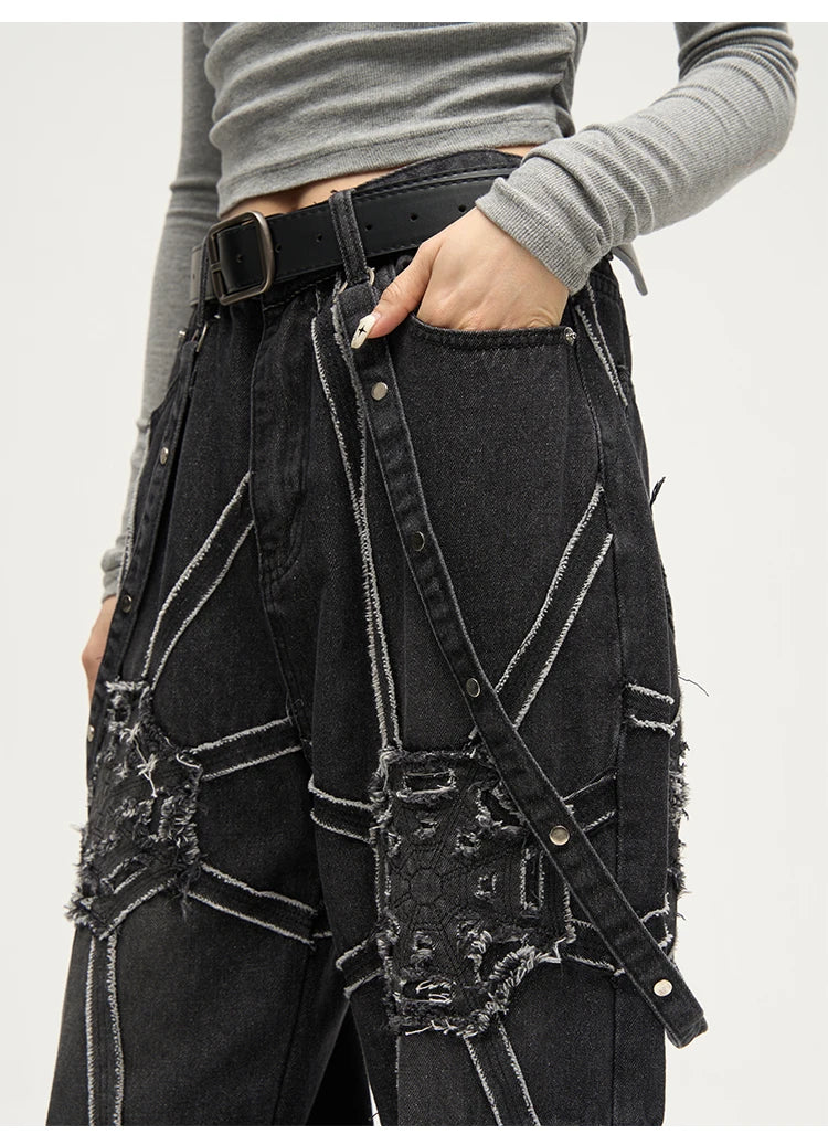 punk belt denim jeans pants women harajuku streetwear side pocket cotton men unisex casual baggy joggers straight pants trousers unique joggers style 3361