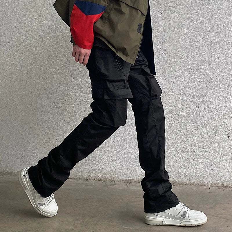 Harajuku Multi-pockets Straight Flare Pants Mens High Street Elastic Waist Solid Loose Casual Cargo Pants Hip Hop Baggy Trousers Street King Limited