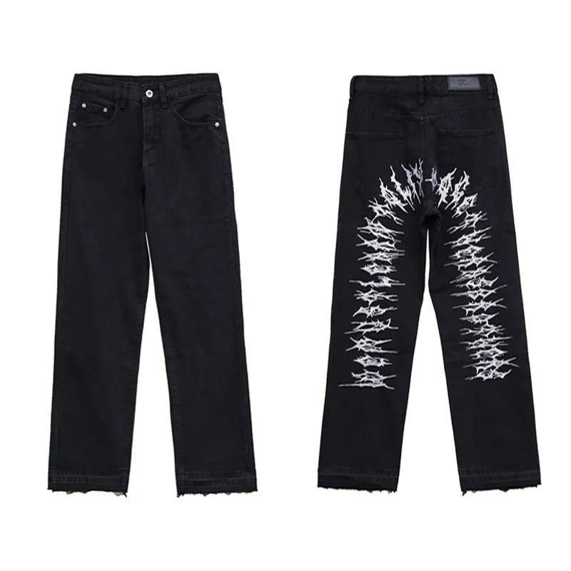 fashion back letters embroidery denim jeans mens casual zipper straight harajuku jean trouser hip hop streetwear pants joggers unique joggers style 4448