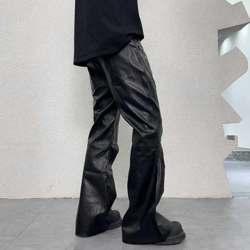 men streetwear fashion hip hop punk gothic vibe casual leather bell bottoms pant man boyfriend flared trousers minimalist street pants