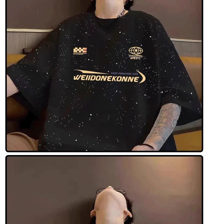 Summer cotton loose round neck starry sky short sleeved men and women American street trend personalized printed T-shirt top Street King Limited
