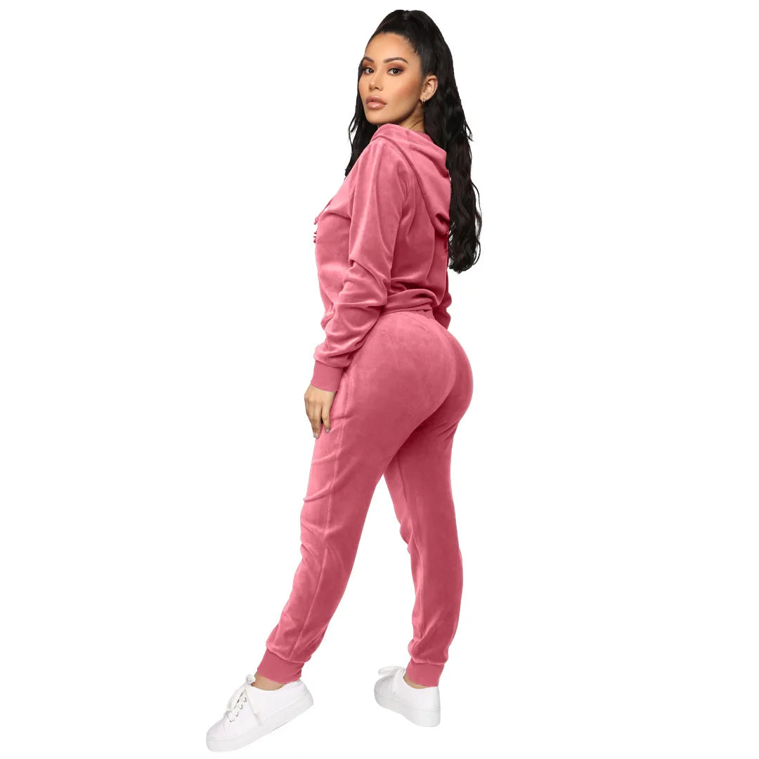 Women's Velvet Hooded Zipper Sweater Elastic Waist Trousers Two-piece Set Fashion Personality Trend Clothing Two-piece Slim Suit Street King Limited