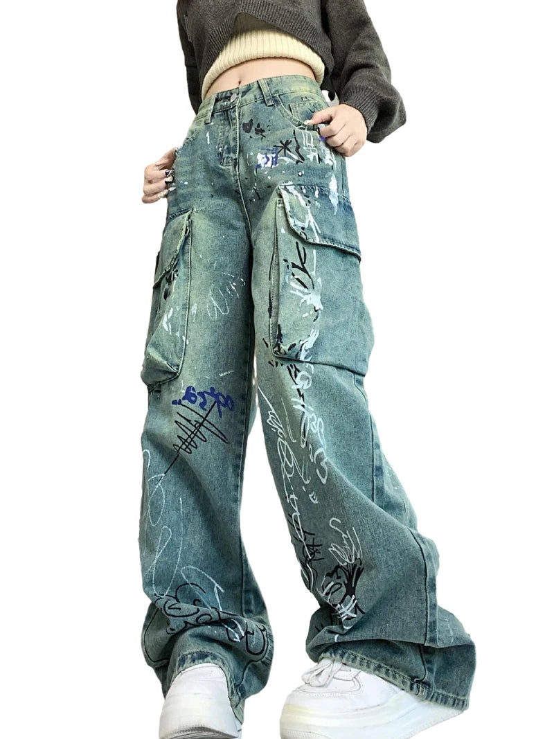 graffiti printed denim jeans unisex side pocket straight cargo jean trousers hip hop streetwear casual loose joggers jeans pants streetwear sweatpants