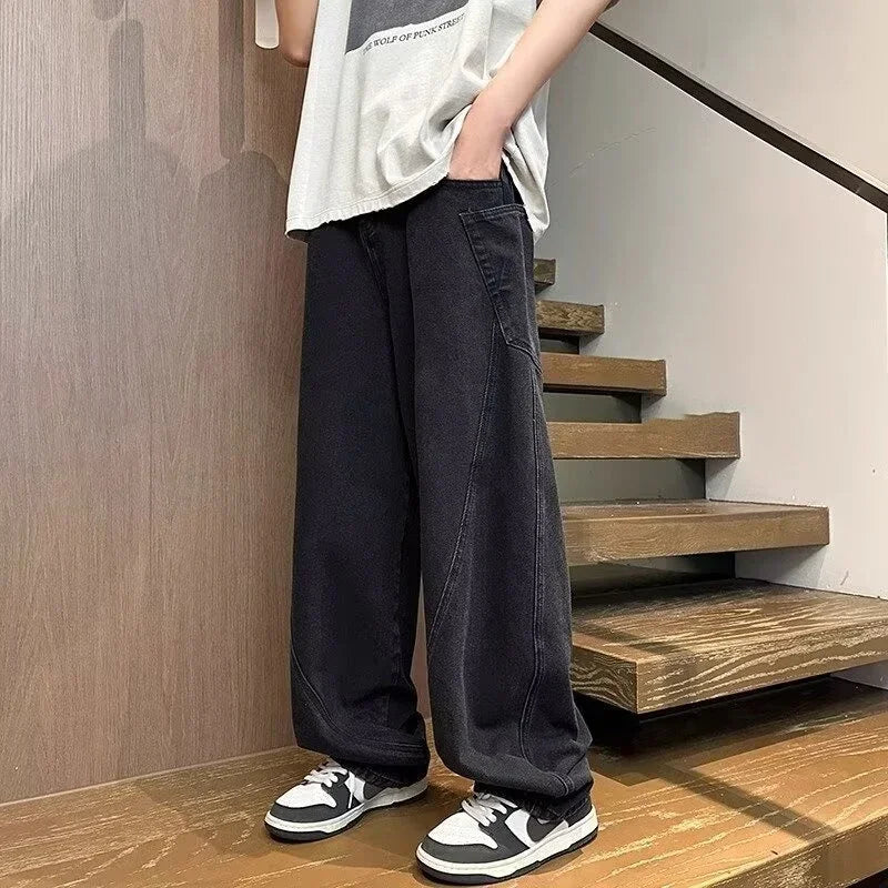 new vintage men s patchwork baggy jeans draped straight leg denim trousers autumn korean fashion high street casual y2k jean ripped baggy denim