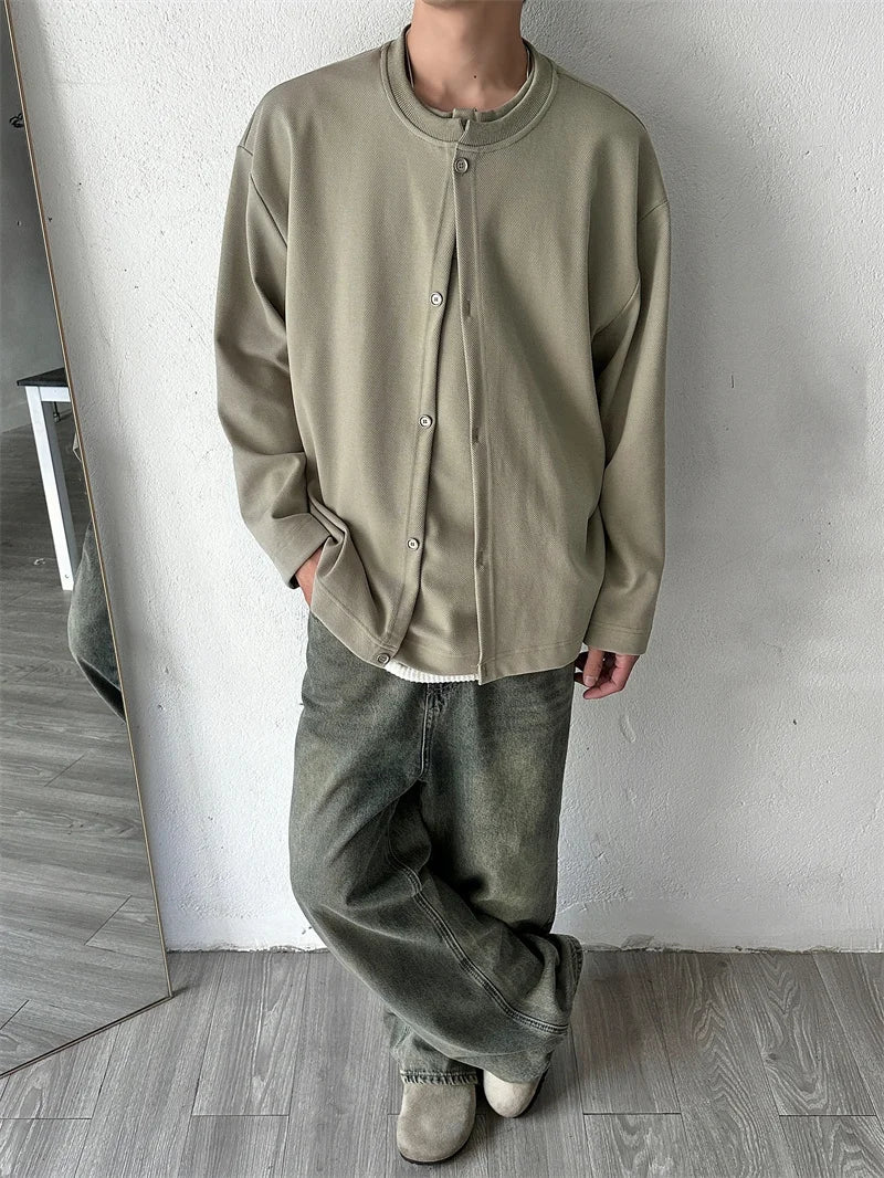 Streetwear New Casual Fake Two Piece Sweatshirts For Men Solid Color Henley Neck 2024 New Casual Fake Two Piece Sweatshirts For Men Solid Color Henley Neck Button Jackets Korean Fashion Loose Y2K Sudaderas Fashion Sweater Jacket With Graphic Design For Men