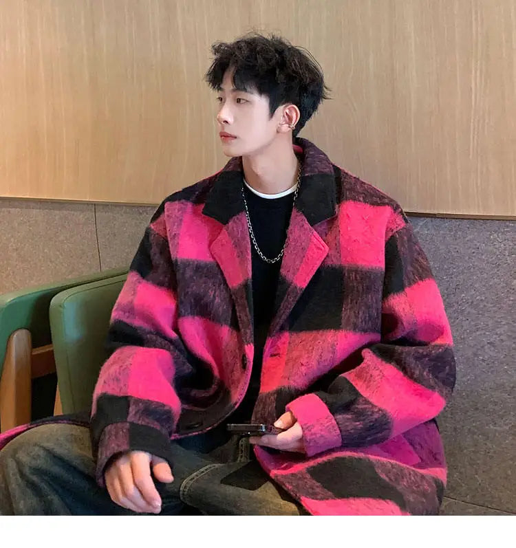 plaid woolen trenchcoat men autumn winter fashion retro streetwear suit collar loose casual trendy trench coat outerwear unique default style 1197