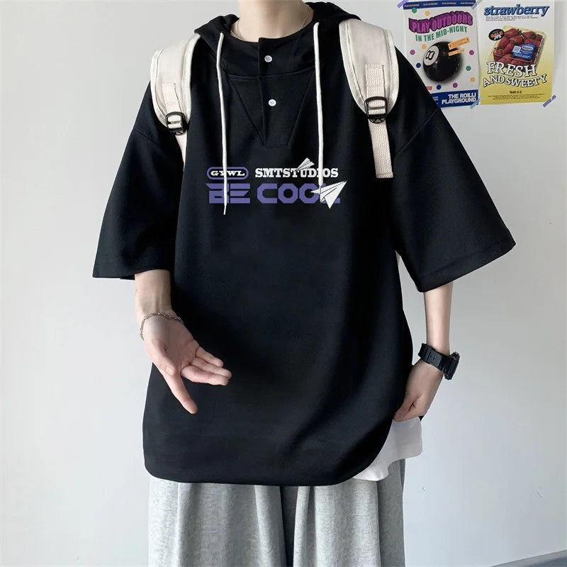 New Men's Casual Hooded Y2K T-Shirt Summer Short Sleeve Letter Printed T Shirts Hombre Oversized Hip Hop Fashion Gym Tee Tops Street King Limited