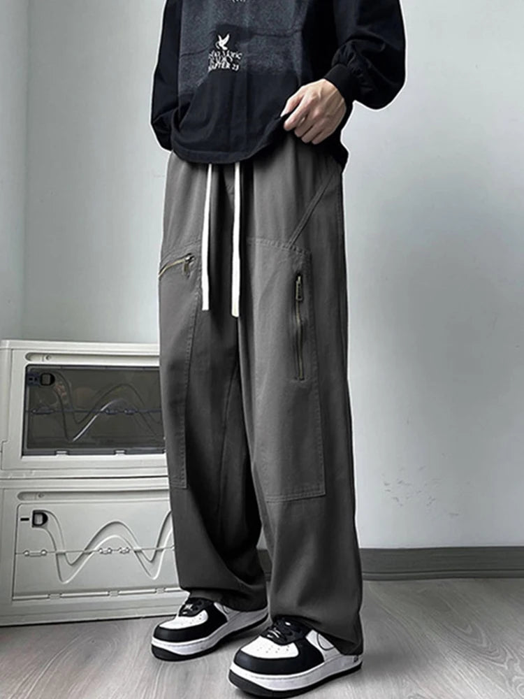 new korean fashion cargo straight pants for men autumn casual zipper pocket drawstring trousers classic tactical y2k pantalones 1 unique cargo style 238