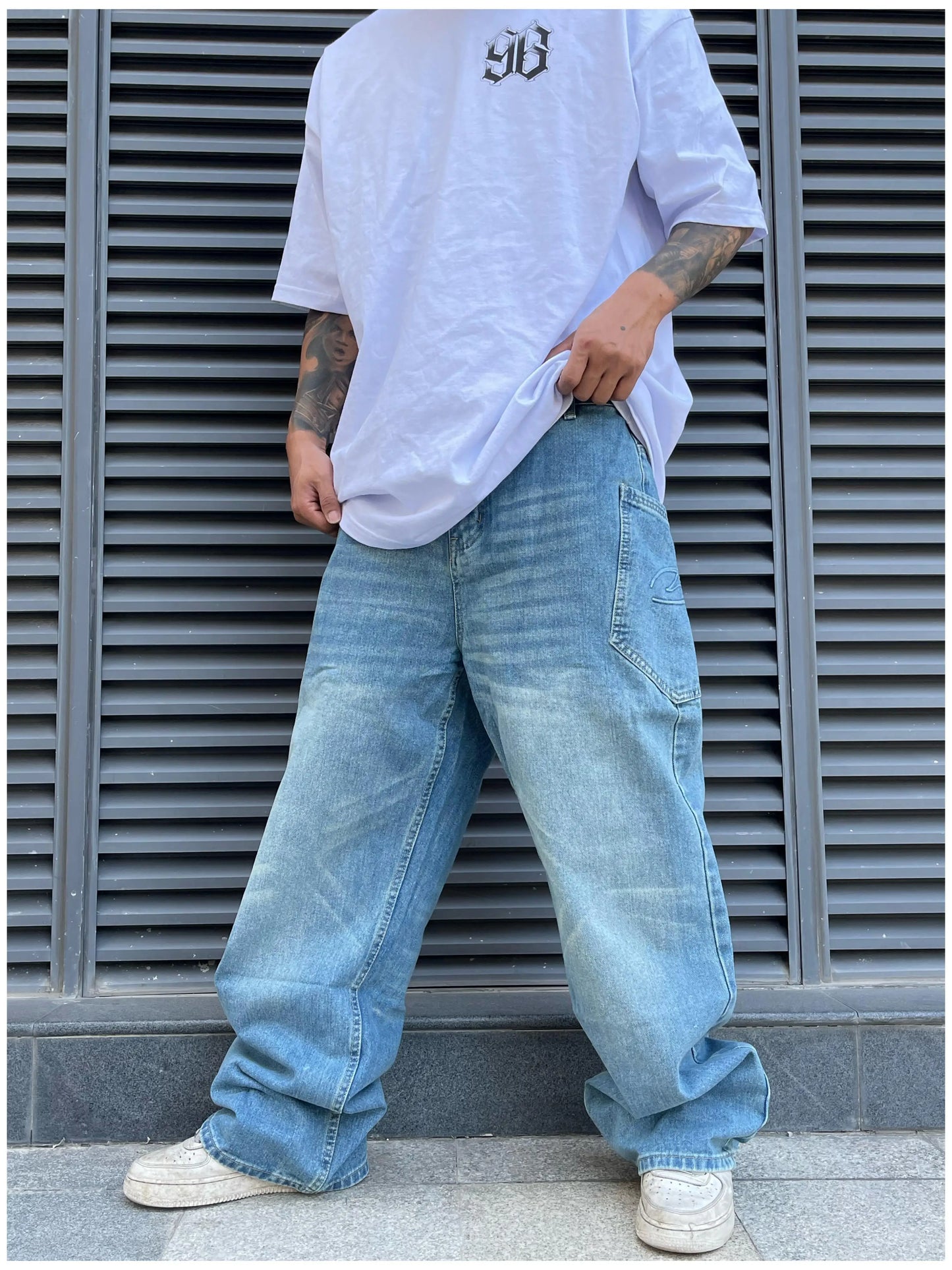 fashion loose streetwear denim jeans pants unisex casual side pocket wide legs jean trousers hip hop joggers mens baggy jeans unique joggers style 756