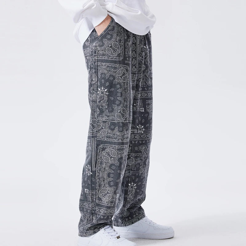 mens hip hop straight denim jeans pants fashion zipper paisley jeans streetwear casual loose trousers pants joggers baggy jeans streetwear sweatpants