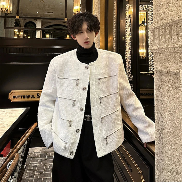 multi zipper sequin woolen jacket men french retro fashionable casual christmas jacket spring autumn coat stage show clothing unique default style 1463