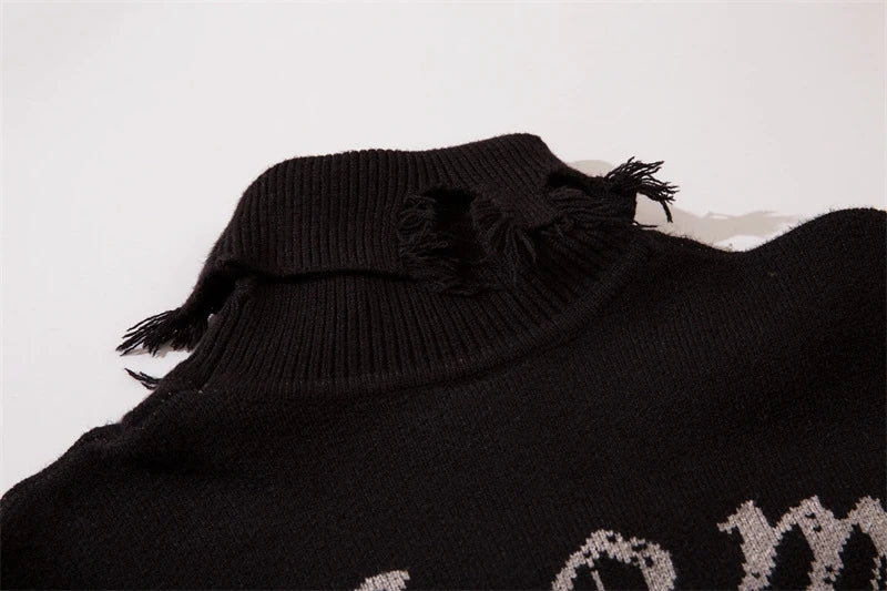 Half High Collar Goth Women Men Sweaters Oversized Long Sleeve Knitted Pullovers Y2k Men Ripped Sweater Harajuku Streetwear Tops Street King Limited