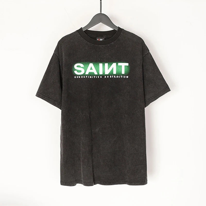 Saint T-shirt Summer Men Woman High Quality Street Hip Hop Chaopai Lovers Loose Casual O-Neck Wash Top Tees Street King Limited