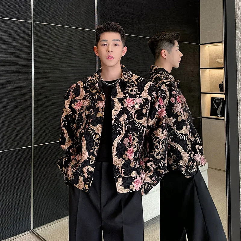 men palace style retro jacquard flower fashion show loose jacket man party dress vintage coat costumes spring autumn clothes clean everyday pants