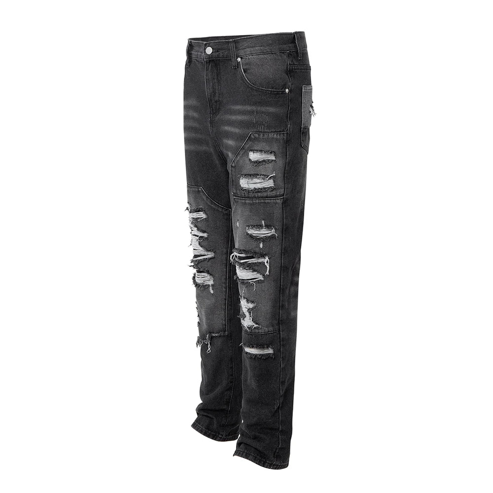 vintage washed ripped hole slim pencil pants mens and womens streetwear frayed distressed baggy jeans oversize loose denim pants ripped baggy denim