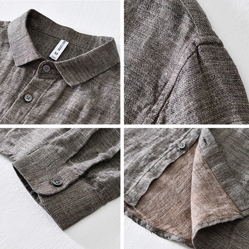 Vintage Linen Shirt Men Spring Autumn New Khaki Lapel Loose Long Sleeve Shirt Retro Casual Solid Breathable Cardigan Top Tees Street King Limited