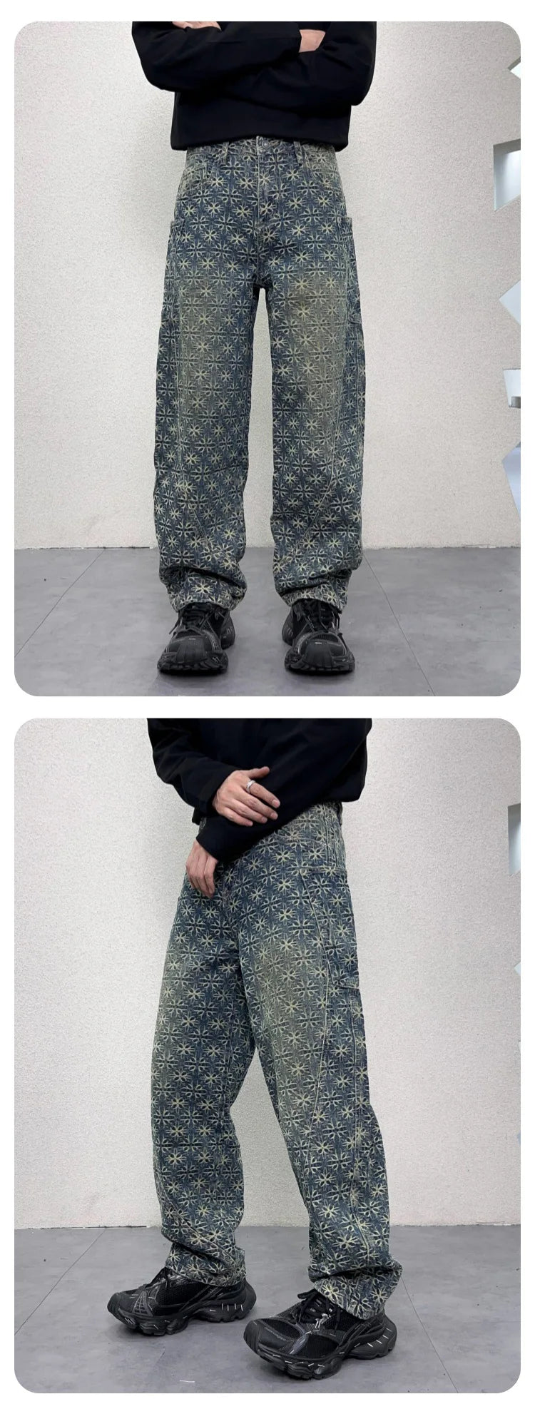 men jacquard loose casual hip hop vibe splice pocket denim baggy jeans pants man streetwear ripped jeans trousers boyfriend unique jeans style 2989