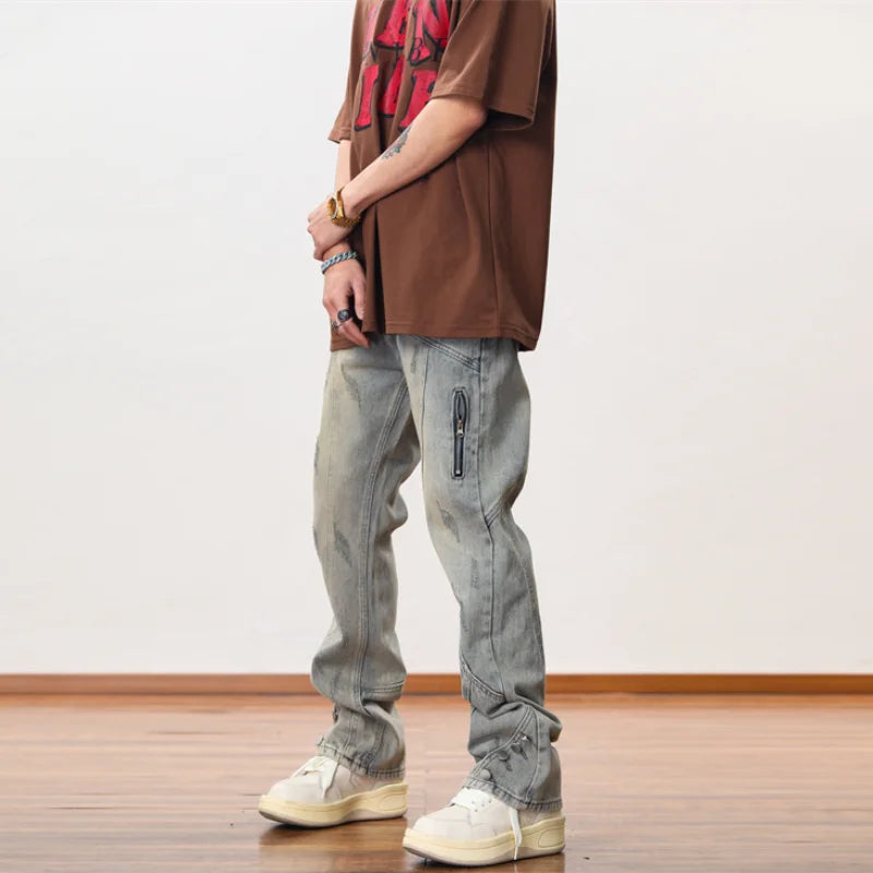 hip hip streetwear denim straight pants mens harajuku retro washed cotton casual zipper joggers jeans trousers pants jean men sporty tapered joggers
