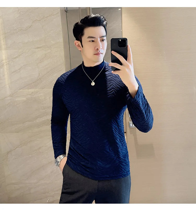 Semi-turtleneck Stretch Slim Fit T Shirt Men Long Sleeve Thicken Velvet Tiger-pattern Bottom T-shirt Business Casual Tshirt Street King Limited