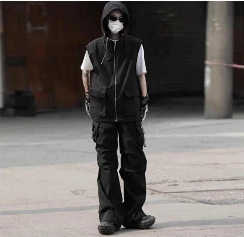 summer casual sleeveless set men hip hop loose hooded vest pockets straight leg cargo pants 2 piece outdoors sports camp suit unique cargo style 3836