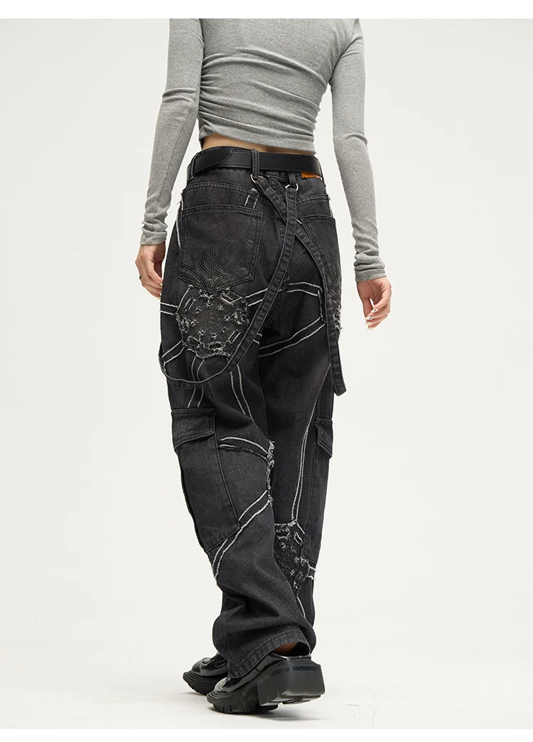 punk belt denim jeans pants women harajuku streetwear side pocket cotton men unisex casual baggy joggers straight pants trousers unique joggers style 3360