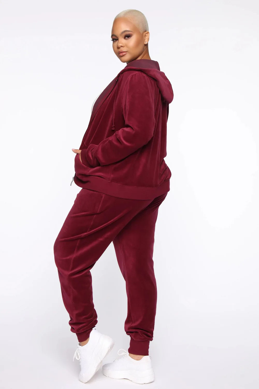 Women's Velvet Hooded Zipper Sweater Elastic Waist Trousers Two-piece Set Fashion Personality Trend Clothing Two-piece Slim Suit Street King Limited