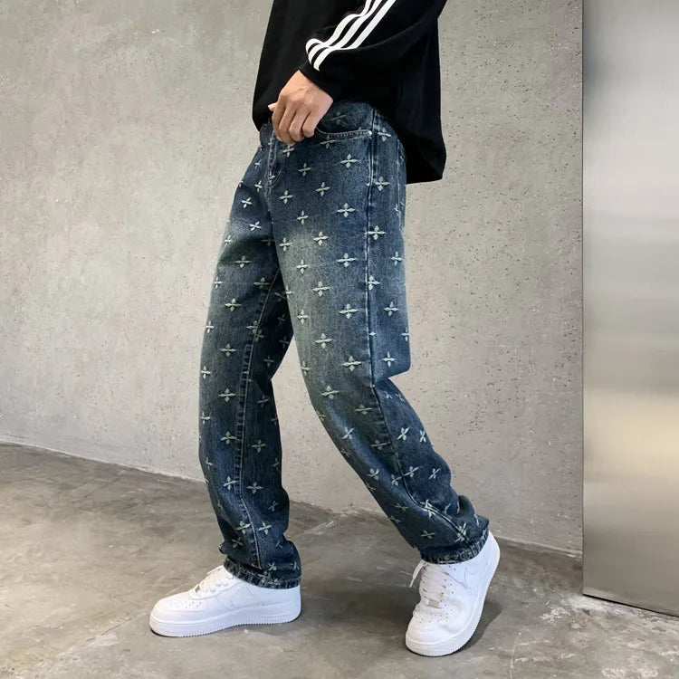 autumn winter new trendy brand jacquard jeans men high street hiphop casual fashion loose denim jeans pants boyfriend trousers unique jeans style 2830