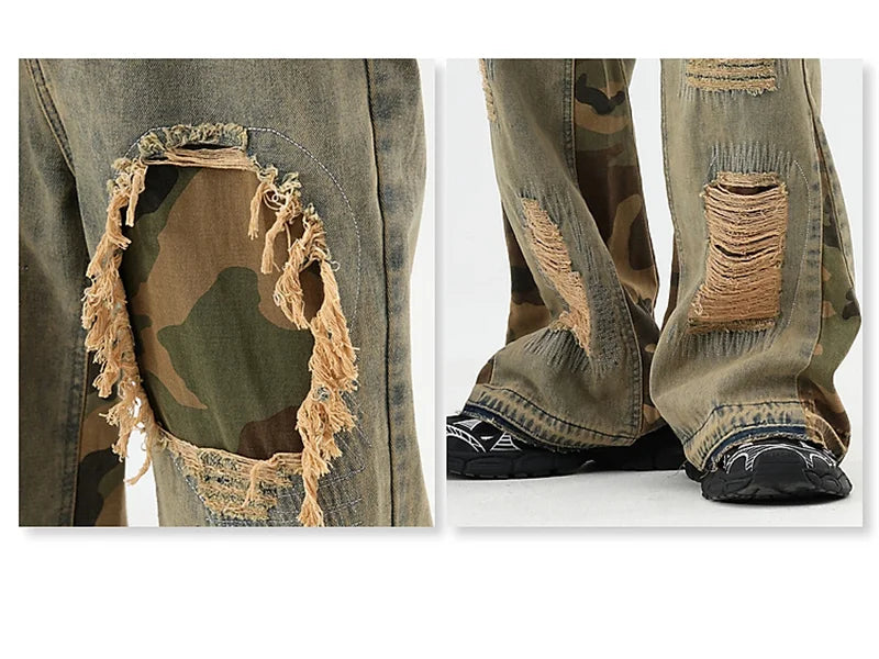 hip hop camouflage ripped patchwork denim pants for men y2k vintage streetwear wide leg jean 2025 new distressed baggy jeans unique jeans style 320