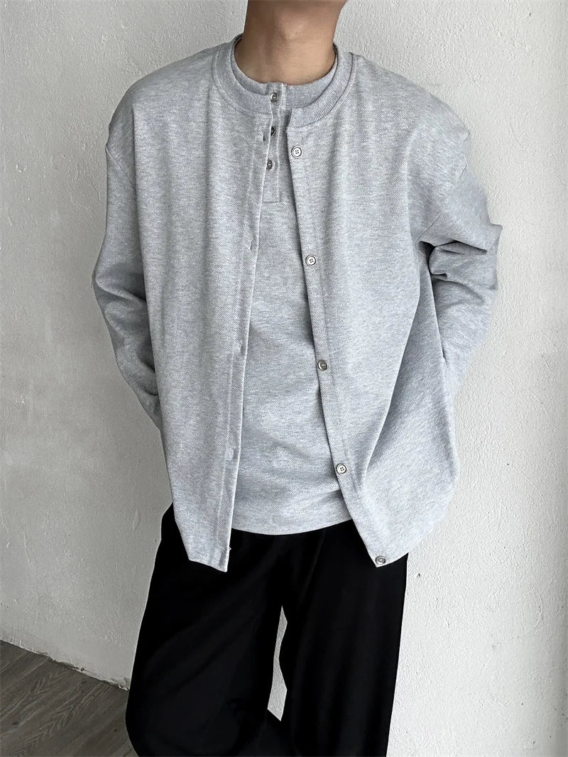 Streetwear New Casual Fake Two Piece Sweatshirts For Men Solid Color Henley Neck 2024 New Casual Fake Two Piece Sweatshirts For Men Solid Color Henley Neck Button Jackets Korean Fashion Loose Y2K Sudaderas Fashion Sweater Jacket With Graphic Design For Men