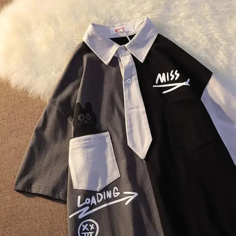 European and American color block polo shirts men short-sleeved T-shirts college style loose Korean style simple couple tops y2k Street King Limited