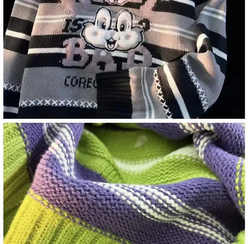 Sweet cool bunny striped knitted sweater for women in autumn and winter loose outer wear lazy style soft and waxy milk kawaii Street King Limited