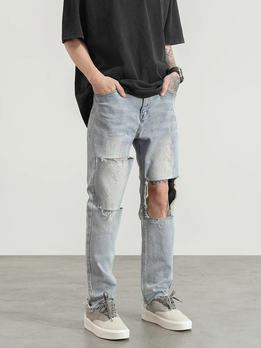 destroied big holes ripped denim jeans mens distressed biker jeans fashion high street slim straight pants streetwear joggers unique joggers style 354