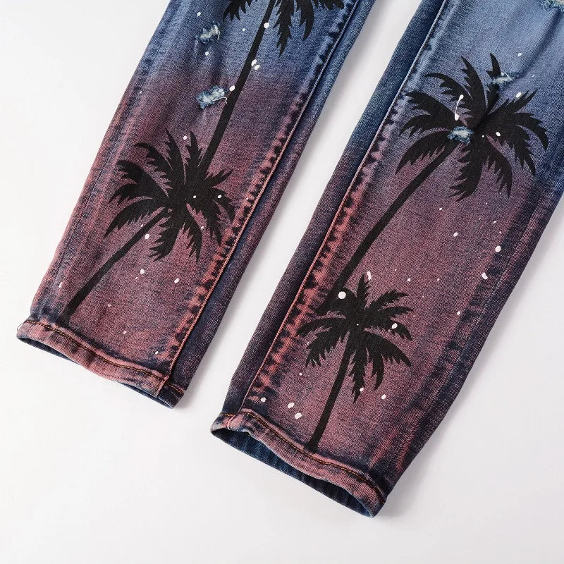 high street printed ripped holes denim jeans mens casual slim fit biker zipper trousers streetwear hip hop jean pants joggers unique joggers style 2453