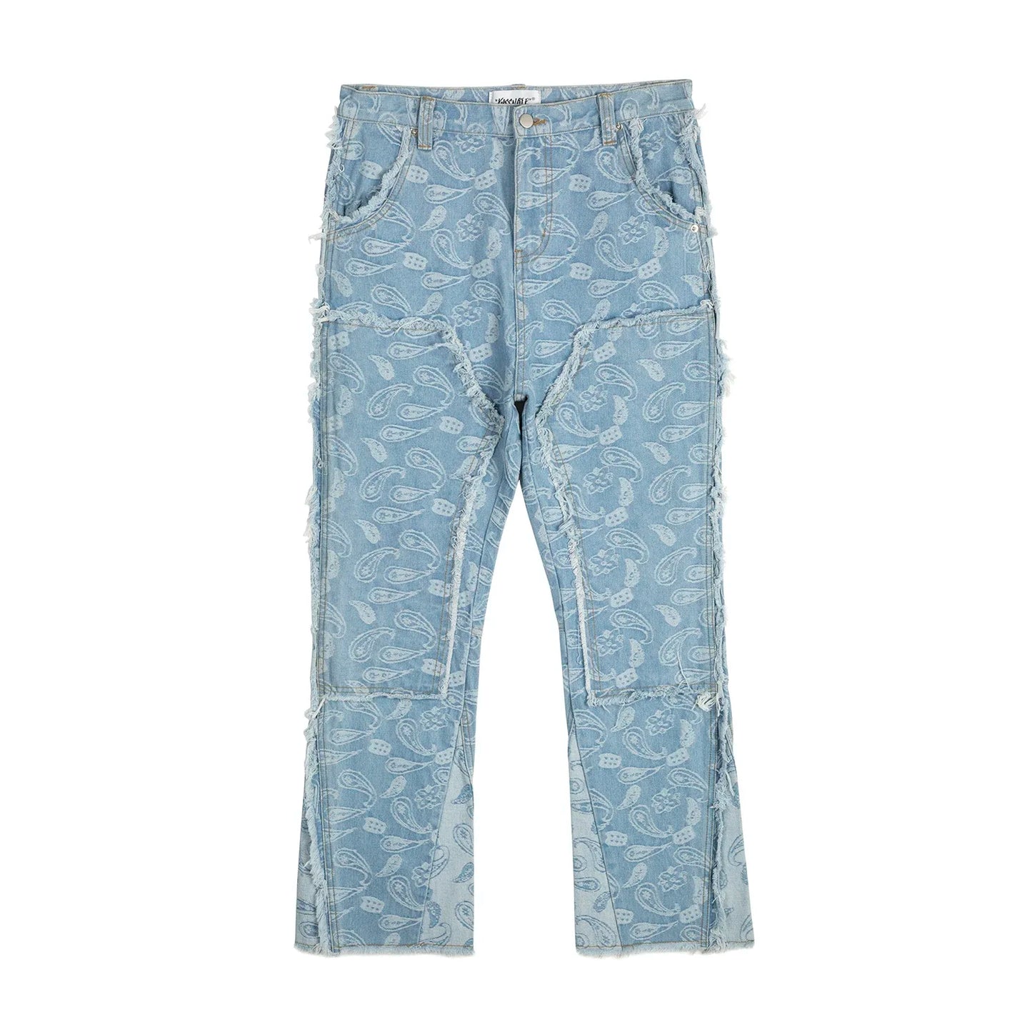 vintage high street washed light blue flared jeans cashew flower jacquard pattern rough edge jeans pants for men and women denim street jeans