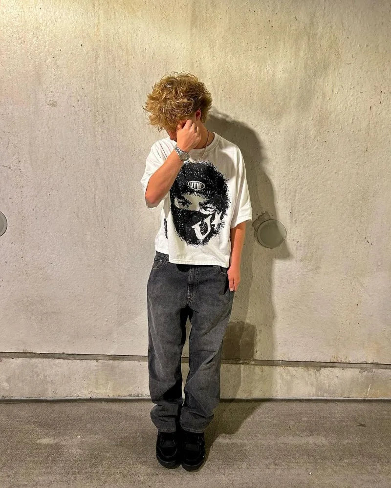 Summer Gothic Trendy Brand Rock Hip-hop New T-shirt Men Y2k American Street Retro Anime Print Oversized Short-sleeved Tops Women Street King Limited