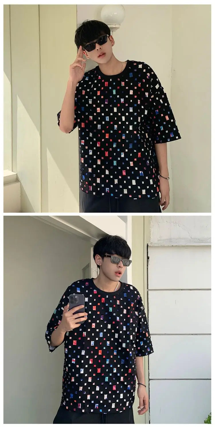Summer Cotton Short Sleeved T-shirt Men Fashion Colorful Plaid Tshirt Men Streetwear Hip-hop Loose Hollow Out T Shirt Mens Tops Street King Limited