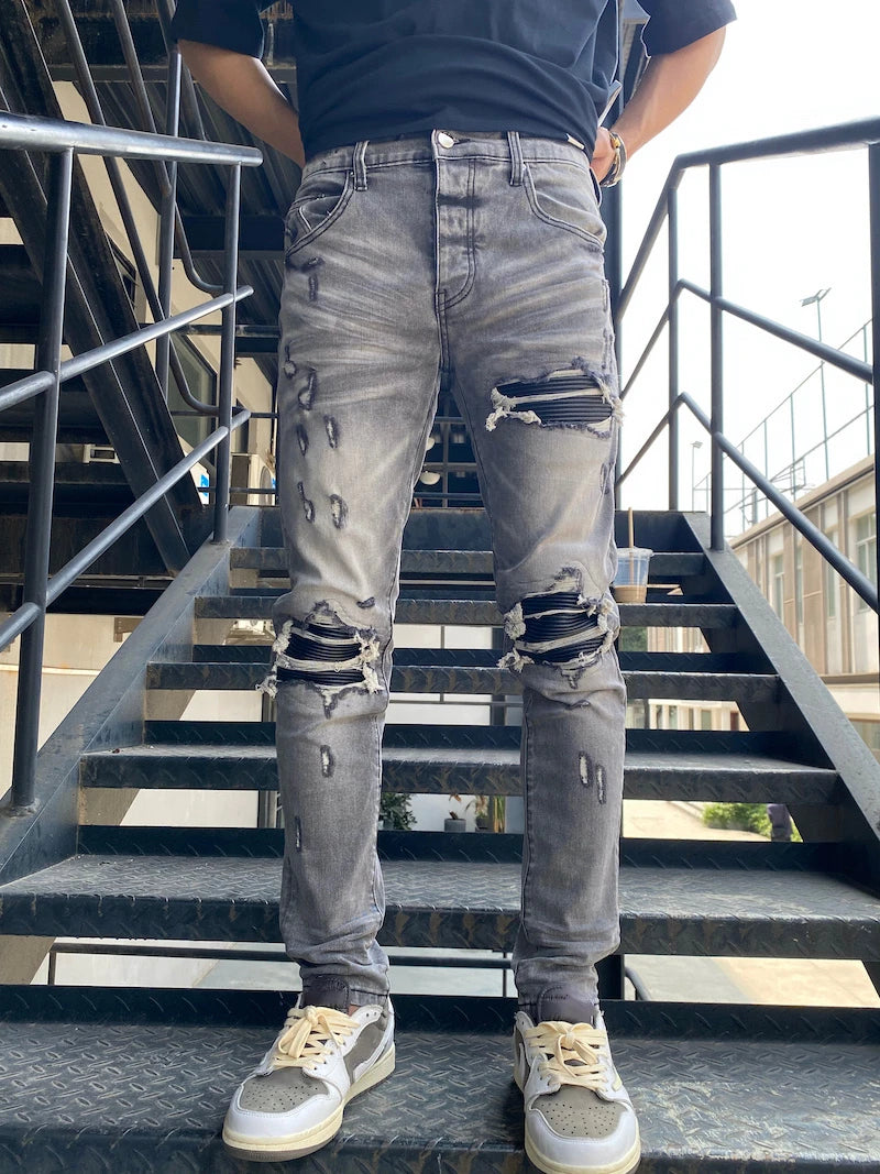 knee holes patckwork skinny denim jeans mens casual button fly slim biker trousers fashion streetwear hip hop jean pants joggers unique joggers style 2327