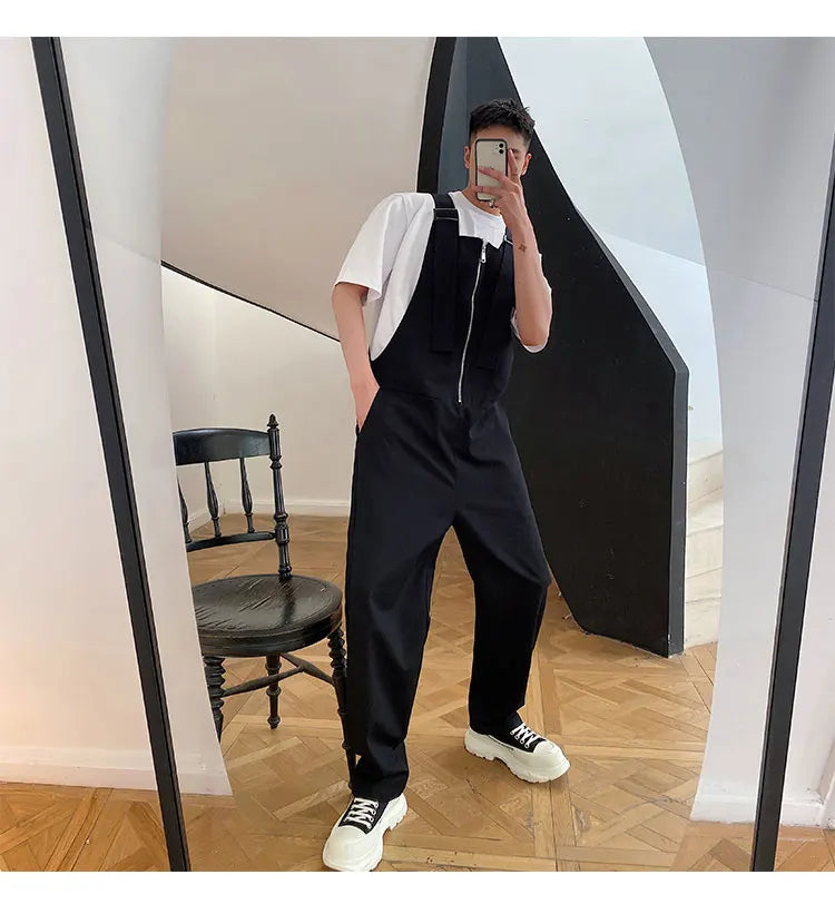 Trendy Men's Shoulder Strap Jumpsuit Pants Washed Loose Fitting Workwear Pants Multi Pocket Streetwear Cargo Suspenders Pants Street King Limited
