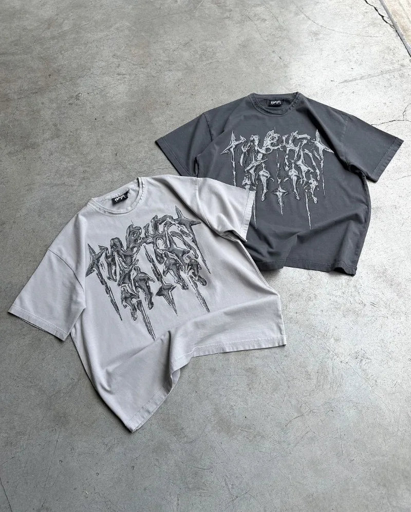 American High Street Trendy Brand Letters Anime Print Oversized Short-sleeved Tops Men Y2k Fashion Retro Casual T-shirts Women Street King Limited