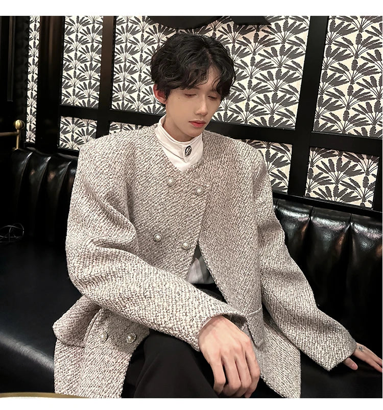 men double breasted french retro loose casual woolen short jacket man korean streetwear show fashion coat autumn outerwear unique shorts style 1327