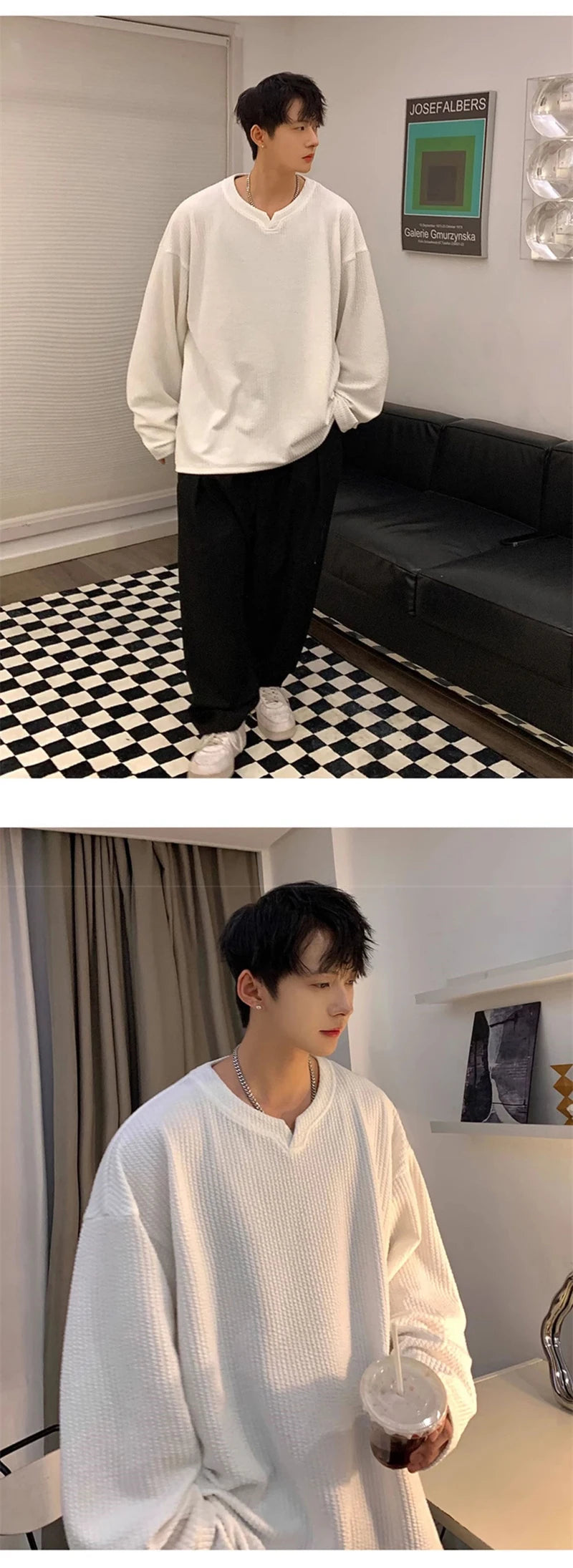 Autumn Men's V-neck Long Sleeve T-shirts New Solid Color Jacquard Waffle Pullover Tops High Street Fashion Breathable Tee Shirts Street King Limited