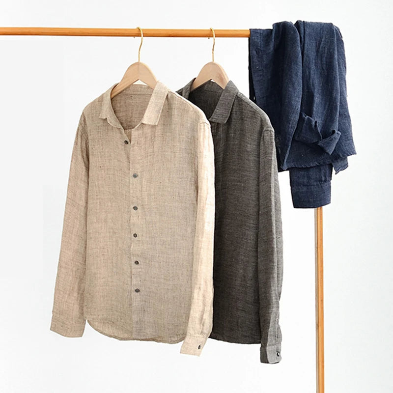 Vintage Linen Shirt Men Spring Autumn New Khaki Lapel Loose Long Sleeve Shirt Retro Casual Solid Breathable Cardigan Top Tees Street King Limited