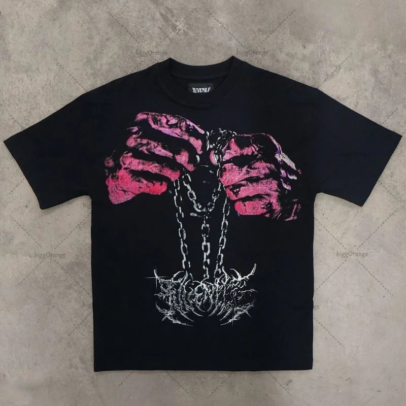 Trendy Brand Rock Punk Streetwear Y2K Harajuku Gothic Retro Pattern Printed Oversized T-shirt Men American Hip-hop Casual Tops Street King Limited