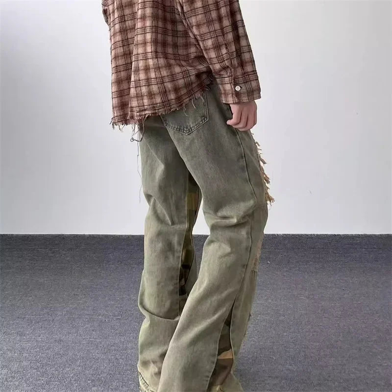 hip hop camouflage ripped patchwork denim pants for men y2k vintage streetwear wide leg jean 2025 new distressed baggy jeans vintage washed jeans