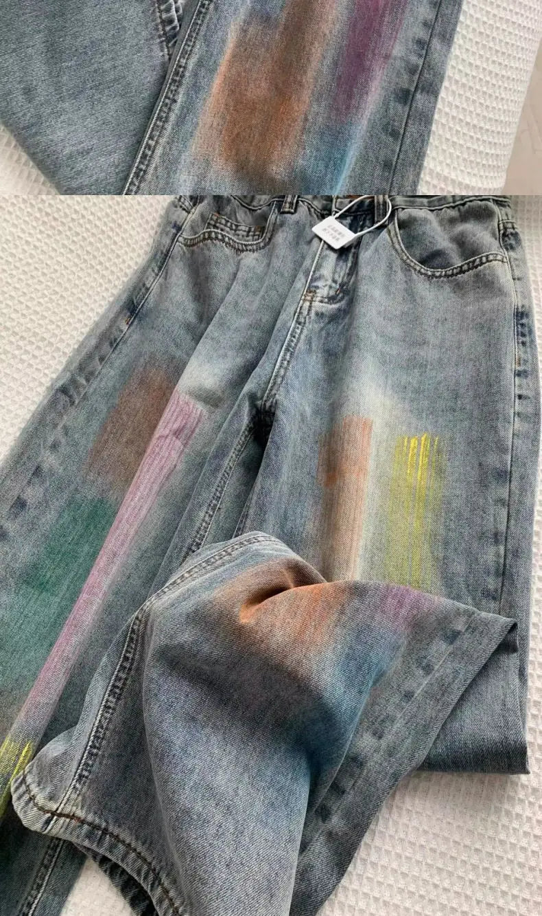 american retro personalized trend color gradient jeans for men and women new washed straight leg micro flared casual pants y2k unique jeans style 644