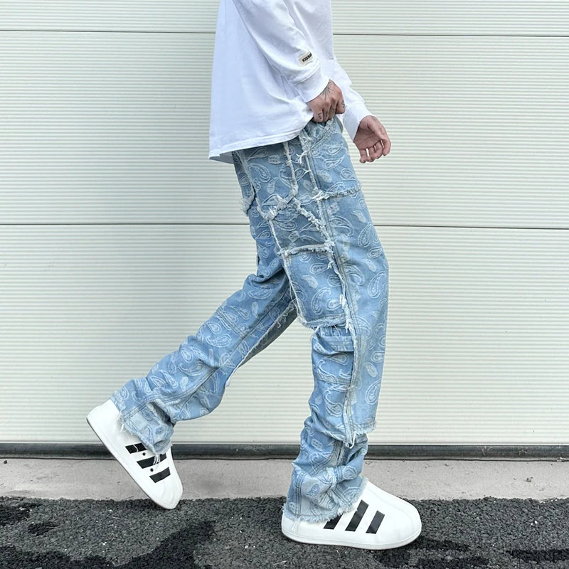 vintage high street washed light blue flared jeans cashew flower jacquard pattern rough edge jeans pants for men and women unique jeans style 916